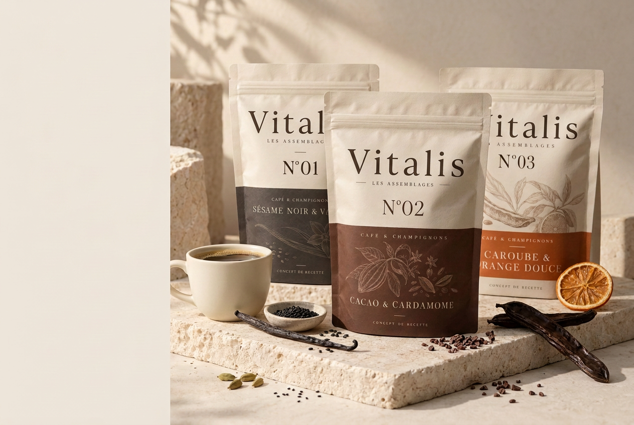 Les trois sachets Vitalis N°01, N°02 et N°03 sur une pierre claire, avec tasse et ingrédients d'inspiration